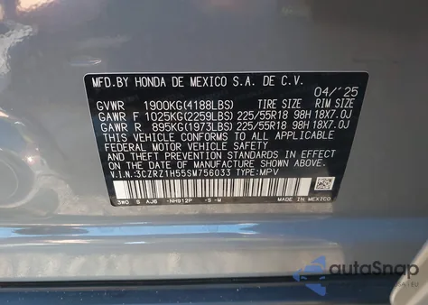 2025 Honda Hr-V 2Wd Sport z USA, uszkodzony, nr VIN 3CZRZ1H55SM756033